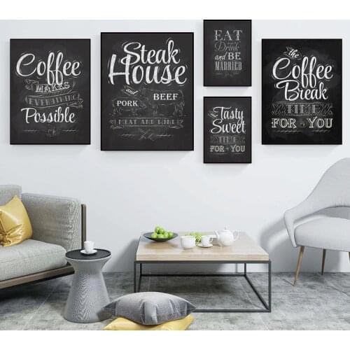 Vintage Coffee Quote Prints Restaurant Wall Art Retro Poster Decor Tasty Steek Art Canvas Painting Cafe Wall Pictures HD0039