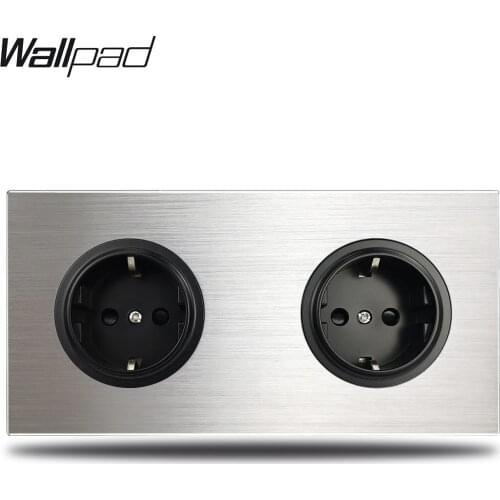 Wallpad Grey 2 Gang Double EU Wall Electric Outlet Socket German Plug Silver Brushed Aluminum Panel Double Plate 172 * 86 mm