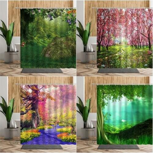 3D Forest Grassland Trees Shower Curtain Cherry Blossom Elk Maple Leaf Lavender Flower Sea Bathroom Waterproof Bath Curtain Set