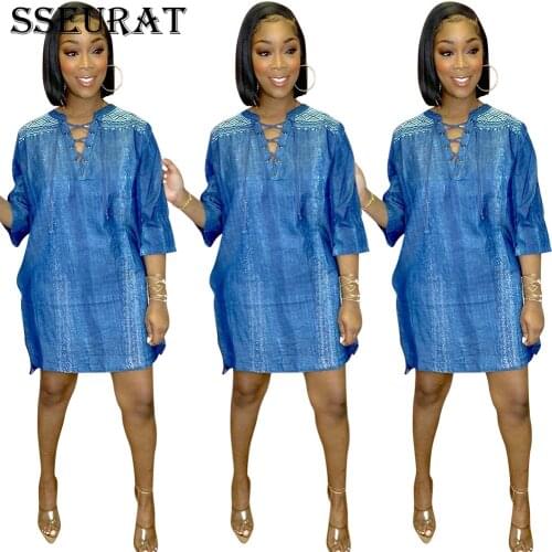 SSEURAT Fashion Summer Sexy Women Loose Casual Short Sleeve V Neck Shirt Tops Blouse Jeans Dress Vestidos