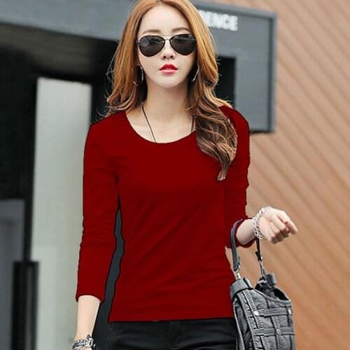 Women Basic Solid Long Sleeve T Shirt Round Crew Neck Plain Cotton Spandex Plus Size Lady Tees & Tops Autumn Hot Sale