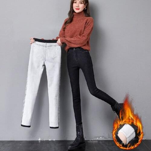Women Winter Warm Velvet Skinny Black Jeans Slim Stretch Pencil Pants High Street Denim Trousers S-2XL Female Fashion Trousers