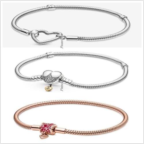 Authentic 925 Sterling Silver Bracelet Moments Heart Closure Snake Chain Bracelet Fit Women Bead Charm Diy Pandora Jewelry