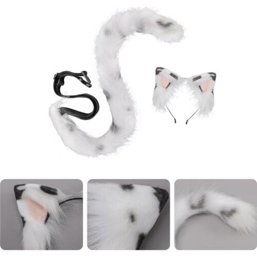 Girls Cat Ears Tail Set Plush Hair Hoop Cow Pattern Lolita Lovely Party Headdress Anime Cosplay Party Kawaii Accessories