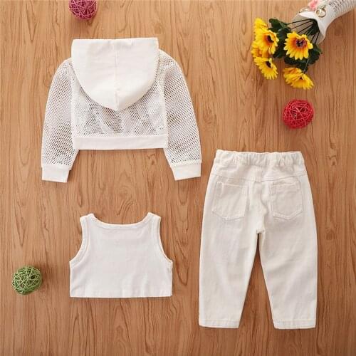 Pudcoco 6M-4T 3Pcs Long Sleeve Hooded Collar Drawstring Hollow Out Hoodie Tops+Vest+Ripped White Jeans Outfit Sets