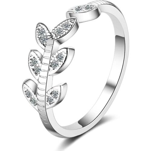 Womens Fashion Shiny Crystal Paved Finger Rings Cute Branch Leaf Plant Opening Design Ring Band Lyrical Wedding Ring Jewelry