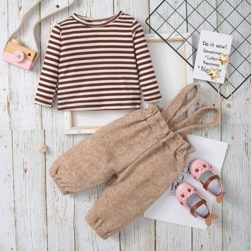 3M-2Y Autumn Baby Girl Childrens Sets Suit Long-sleeved Striped T-shirt Bib 2-piece Set
