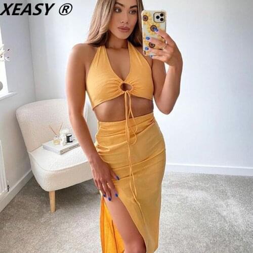XEASY 2021 Women Summer New Stretch Linen Set Vintage Halter Backless Top Female Streetwear High Waist Pleated Split Skirt Set