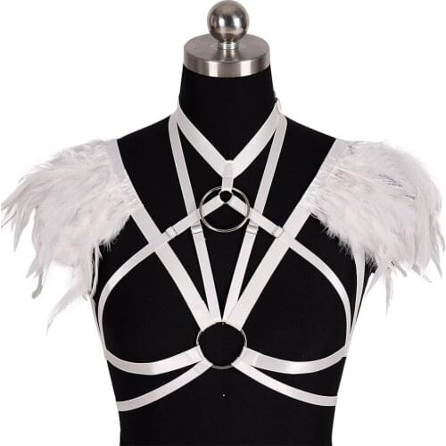 Gothic Clothes Natural Feather Harness Fashion Bdsm Womens Underwear Goth Belts Harness Bra Sexy Lingerie Body Stockings Garter