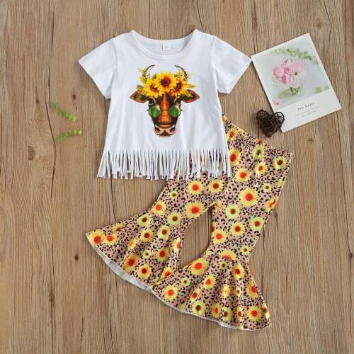 1-6Years Toddler Girl Summer Clothing Set Short Sleeve Fringed Tops +Flower Print Flared Pants 2ps Suit Children Outfits