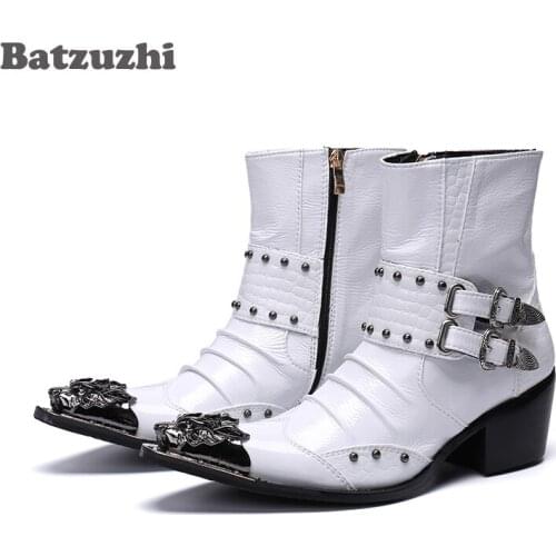 Batzuzhi Rock Handsome Men Boots Shoes Pointed Metal Toe 6.5cm Heels Leather Ankle Boots for Men White Motorcycle botas hombre