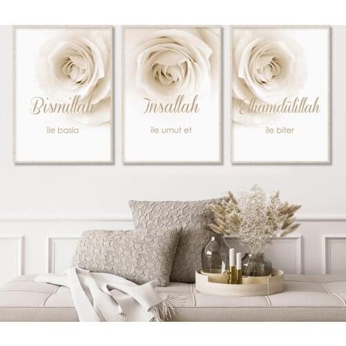Bohemian Islamic Bismillah French Blooming Floral Modern Posters Canvas Painting Wall Art Print Pictures Living Room Home Decor