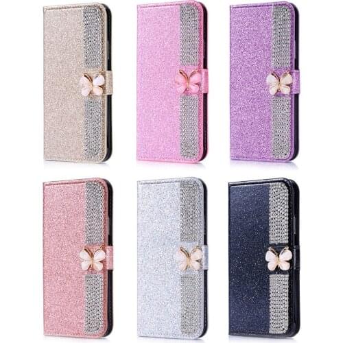 Case For iPhone 12 Mini 11 Pro XS Max XR X 8 7 6 6S Plus SE Bling Diamond Butterfly Card Slot Wallet Flip Glitter Leather Cover