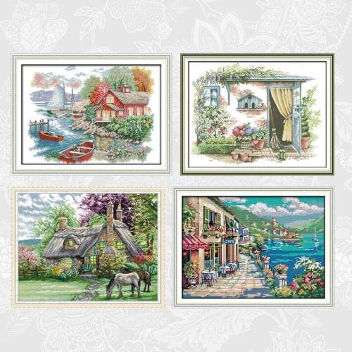 Flowers Villa Cross Stitch Kits Printed Canvas 14CT 11CT Fabric Seaside Cafe DIY Handmade Beginner Embroidery Needlework Sets