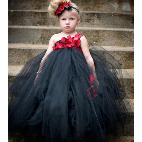 Little Girls Black Tutu Dress Kids Fluffy Crochet Tulle Dress Ball Gown with Red Flower and Headband Children Party Dress Cloth