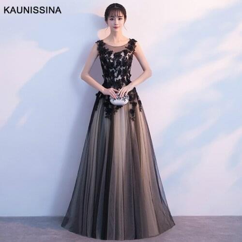 KAUNISSINA Woman Evening Party Ceremony Dresses Appliques Long Dress A Line O Neck Sleeveless Tulle Floor Length Prom Gown