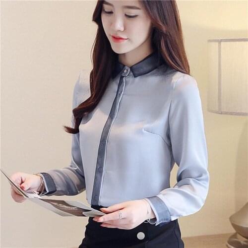Elegant Women White Blue shirt female long sleeved Professional office lady blouse Tops Fashion Chiffon shirt DD2241