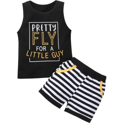 2Pcs Baby Boy Summer Clothes Outfits Fashion Boy Casual Letter Print Sleeveless Tops + Striped Shorts Set 0-3Y