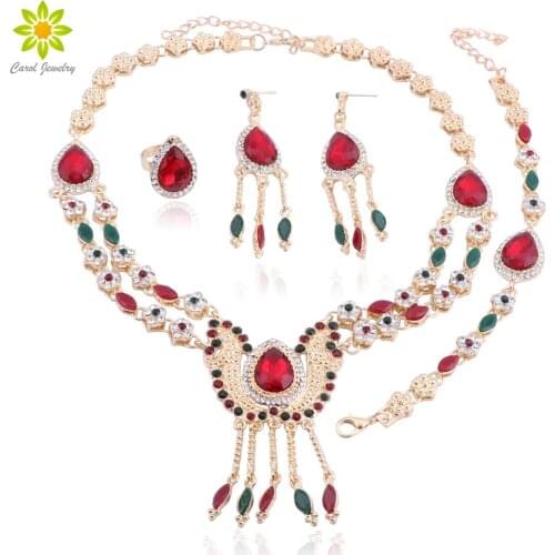 African Costume Jewelry Set Gold Color Crystal Jewelry Sets Fashion Necklace Earrings Bracelet Ring Set for Women Wedding