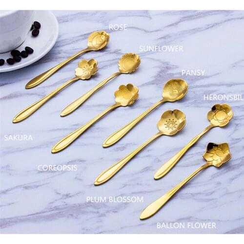Creative Rose Stainless Steel Spoon Gold Flower Coffee Stirring Spoon Stainless Steel Korean Eating Spoons Ice Cream Scoop Gift