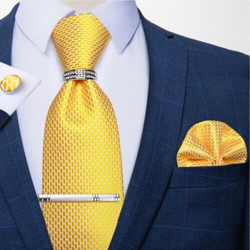 Fashion Yellow White Plaid Mens Neck Tie Set Tie Ring With Tie Clips Business Wedding Tie Pocket Square Cufflinks 8cm Gravata