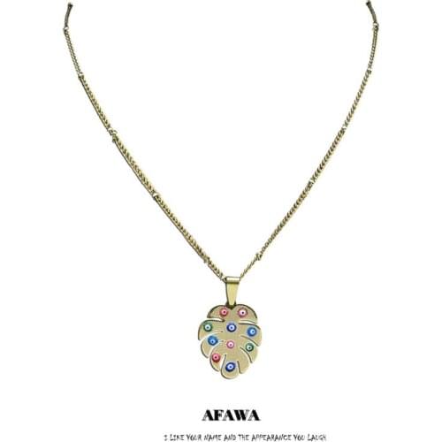 Stainless Steel Colorful Turkey Eyes Leaf Necklace Charms Women Gold Color Chain Necklace Jewelry collier inoxydable N5236S01