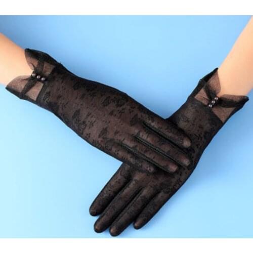 Thin Ice Silk Lace Pearl Flowers Bow Touch Screen Viscose Driving Gloves Summer Women UV Sunscreen Short Cycling Sun Gloves K44