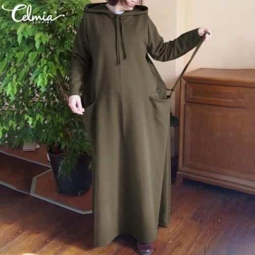 Celmia Winter Dresses Women Long Sleeve Fleece Warm Hooded Long Dress Kaftan Loose Casual Vestidos Russian Style Hoody Vestidos