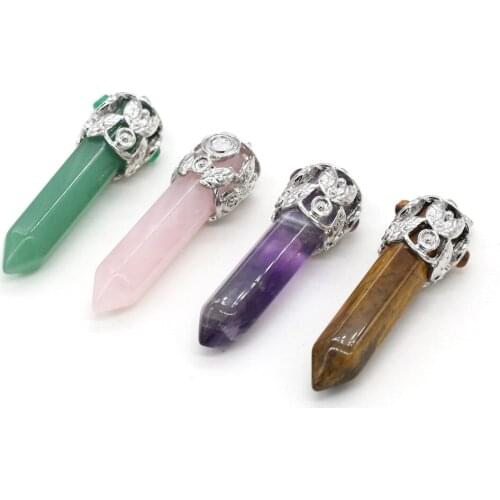 Natural Stone Pendants Hexagonal Cone Crystal Agates Amethysts Aventurine Stone Charms for Jewelry Making Necklace Bracelet DIY