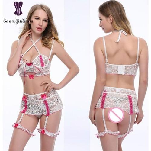 Transparent Women Sexy Halter Lace Bra Set Bow Underwear Nightwear Lady Sexy Erotic Corset Lingerie With Suspended Belts 1015