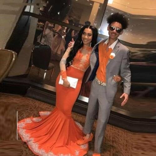 Sexy Orange Prom Dresses Black Girls Sheer Long Sleeves Applique Lace Formal Evening Dress 2020 vestidos Custom Made Party Gowns