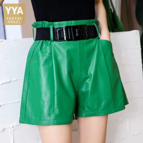 New Women Wide Leg Shorts Fashion Multicolor Casual Sashes High Waist Loose Genuine Leather Shorts Female Bikers Mini Trousers