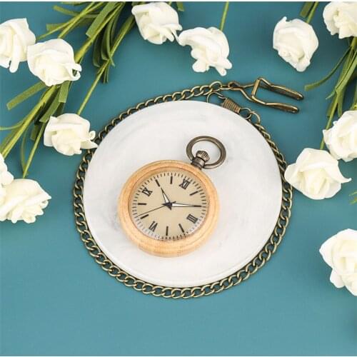 Luminous Hands Display Bamboo Wood Quartz Pocket Watch Bronze Fob Pendant Clock Open Face Natural Retro Wooden Pocket Timepiece