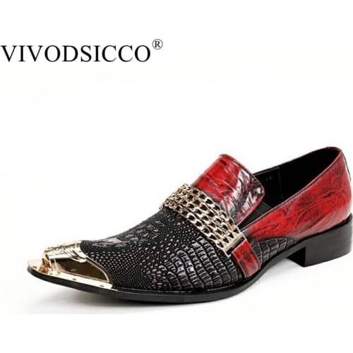 VIVODSICCO Fashion Italian Men Dress Shoes Retro Genuine Leather Crocodile Grain Men Shoes Party Wedding Slip on Men Flat Loafer
