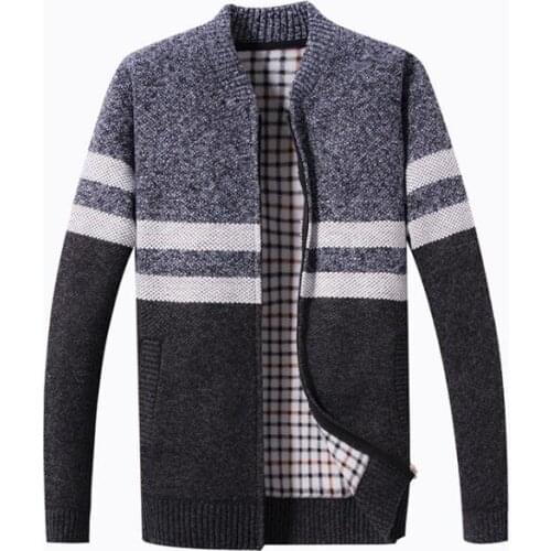 High quality Autumn and winter new Brand mens round neck striped cardigan sweater casual men plus velvet knitwear thick jacket