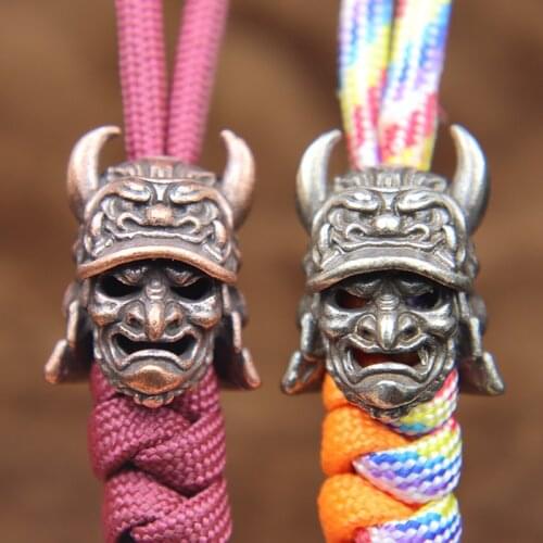 Japanese Eagle Nose Samurai Knife Bead Lanyard Pendant Brass Warrior Helmet Outdoor EDC Paracord Key Chain Hanging DIY Accessory