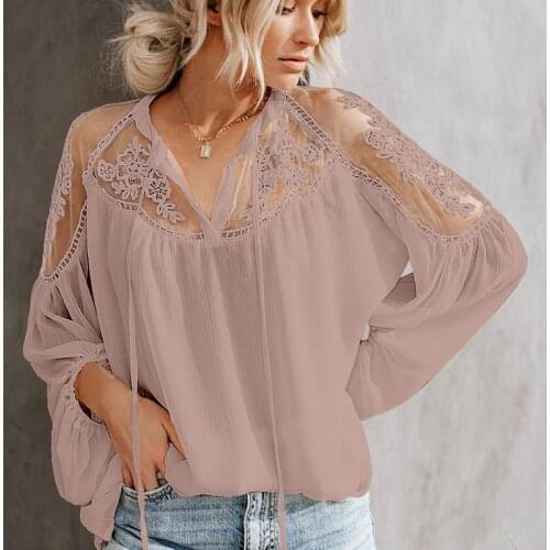 Lantern Long Sleeve Femme Lace All-Match Spring Elegant Chic Tops Blouse Loose Transparent Patchwork Solid Color Lace Up Shirt