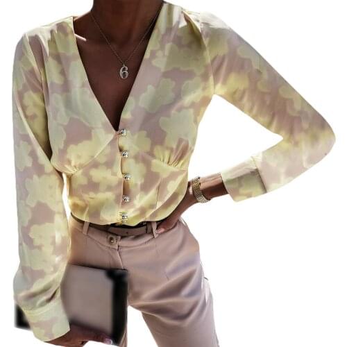 Womens Shirt Tops French Style Button Down Shirts Sexy V Neck Long Sleeve Floral Print Slim Fitted Tops