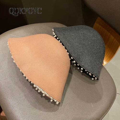 2021 Hat Women New Autumn Winter High Quality Wool Fedoras Fashion Pearl England Celebrity Style Casual Bucket Cap QDKPOTC