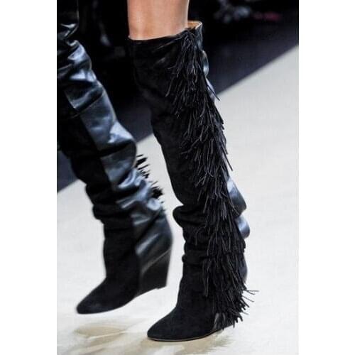 Moraima Snc Side Tassel Suede Over The Knee Boots Women Pointed Toe Wedges High Heels Lady Motorcycle Boots Runway Shoes