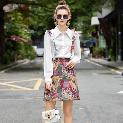 Designer High Quality Women Sets White Chiffon Shirt Tops + Vintage Jacquard Half Skirt Fashion Party Spring Autumn 2 Piece Suit