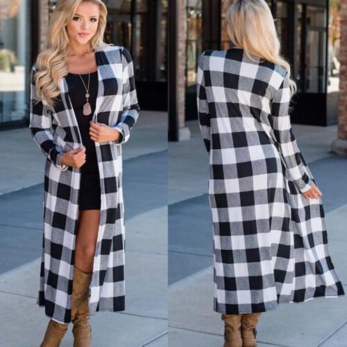 Women Fashion Autumn Long Sleeve Plaid Long Cardigan Casual Open Stitch Long Trench Coat for Women