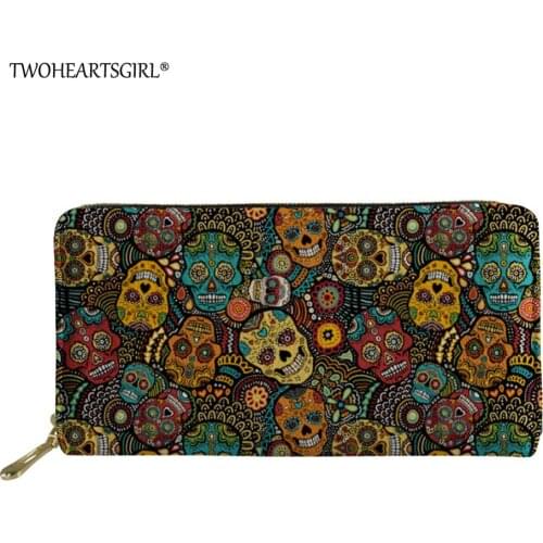 Twoheartsgirl Colorful Sugar Skull Print Leather Wallet for Women Long Organizer Female Ladies Clutch Phone Bag Credit Card Bags