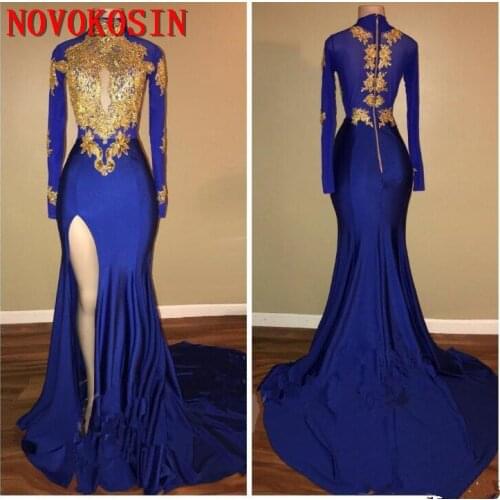 2019 Long Sleeves Open Bust Prom Gown High Split Mermaid Evening Dresses Royal Blue Satin Gold Applique Arabia Vestidos De Festa