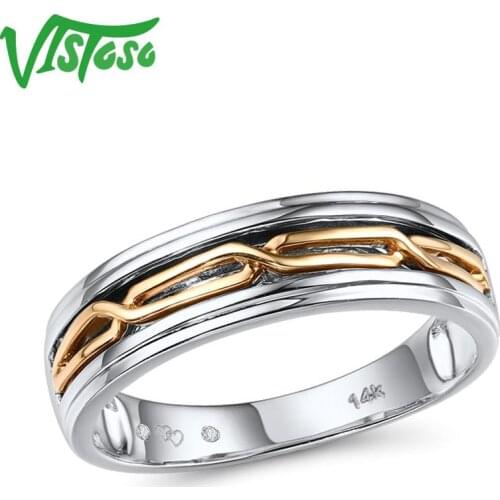 VISTOSO Pure 14K 585 Two-Tone Gold Diamond Engraved Hearts Ring For Women Wedding Band Engagement Chic Trendy Gift Fine Jewelry