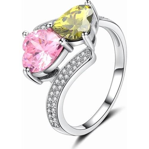 2018 Women Favourity Lovers Fashion Jewelry Colorful Double Love Ring Double Love Heart Ring For Woman Cute Girl Love Gift