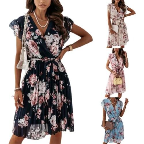 Floral Dress Ruffle Sleeve Lining Female Women V Neck High Waist Dress 2021 Vintage Casual Dress Female robe longue femme été