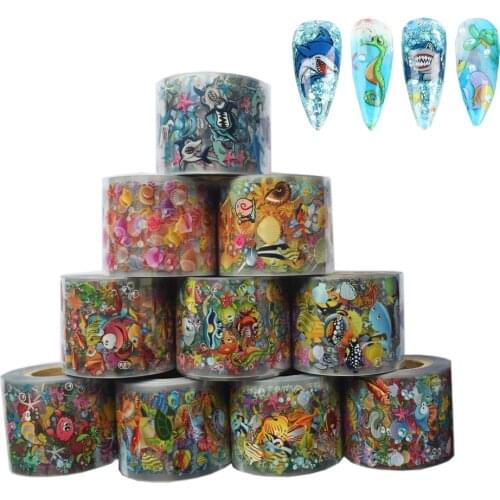 10 Roll Ocean Animals Holographic Nail Foil Set 50M*4CM Tropical Fish Cute Shark Starfish Nail Art Transfer Sticker Decals Wraps