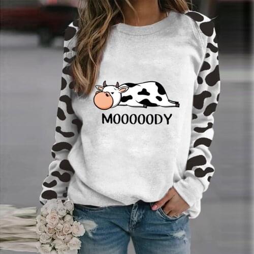 40#Blouses Womens Fashion Casual New Cow Print Long Sleeve O-Neck Loose Shirts Top Oversize Clothing Outwear Ladies Tops