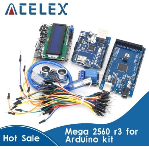 Free Shipping Mega 2560 r3 for arduino kit + HC-SR04 +breadboard cable + relay module+ W5100 UNO shield + LCD 1602 Keypad shield